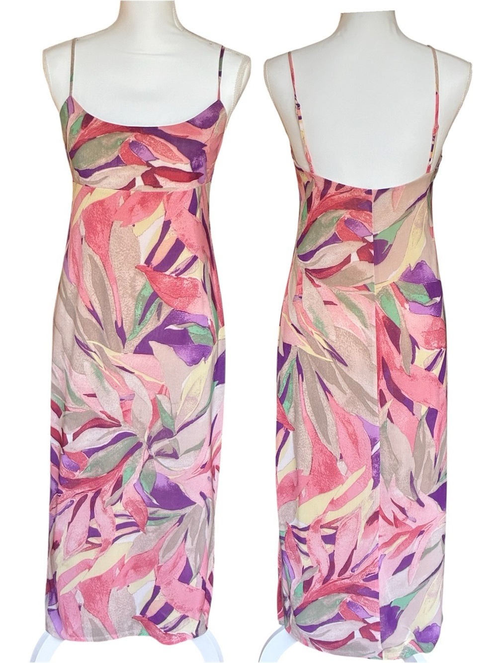 🌸 Wayf Tropical Vibrant Pink/Purple Midi Dress Knit Fabric Double Lined Size Med